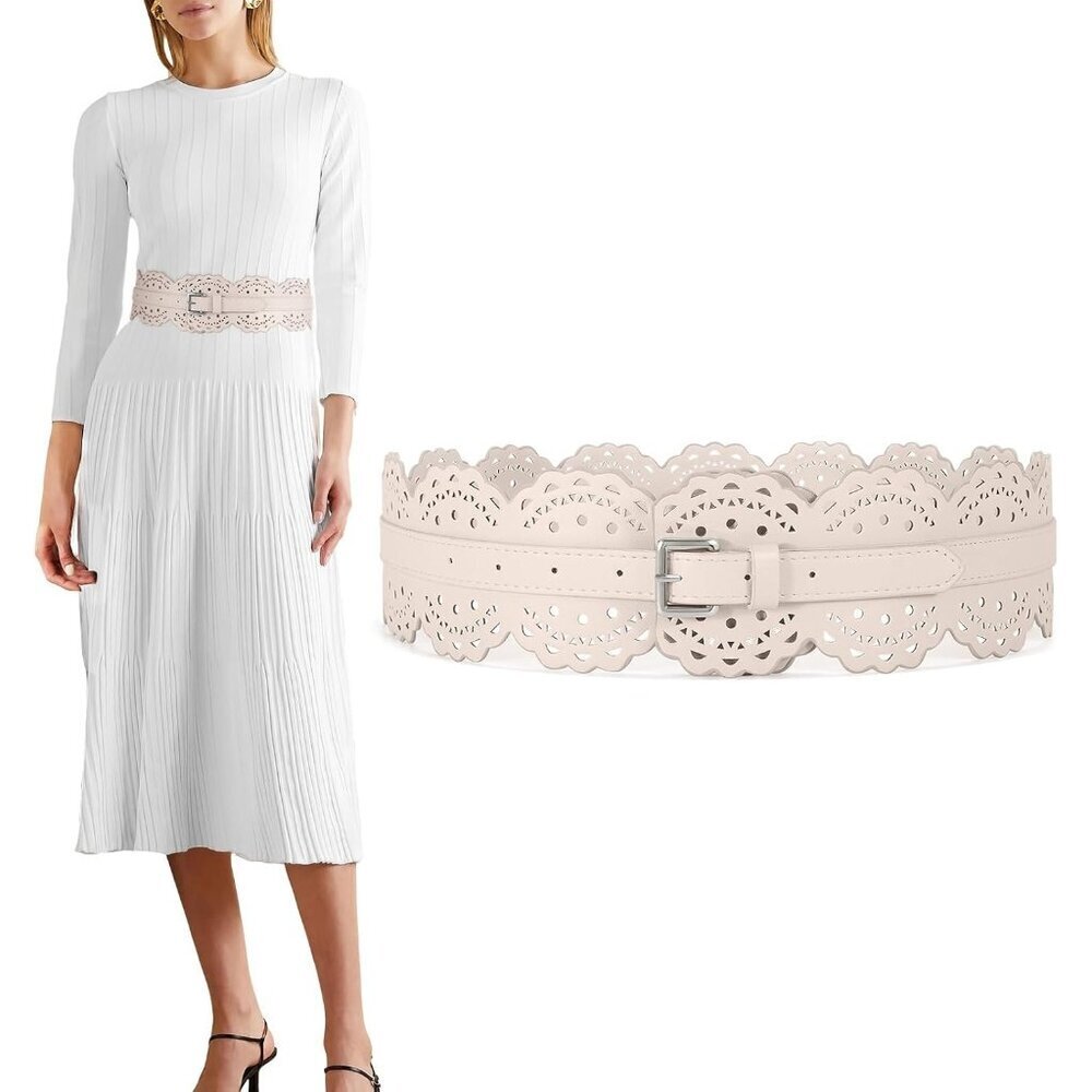 Women's Wide Dresses Chunky Thick Leather Waist Prong Buckle Belts Silver Beige